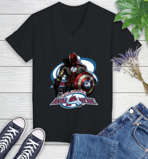 NHL Captain America Thor Spider Man Hawkeye Avengers Endgame Hockey Colorado Avalanche Women's V-Neck T-Shirt 2