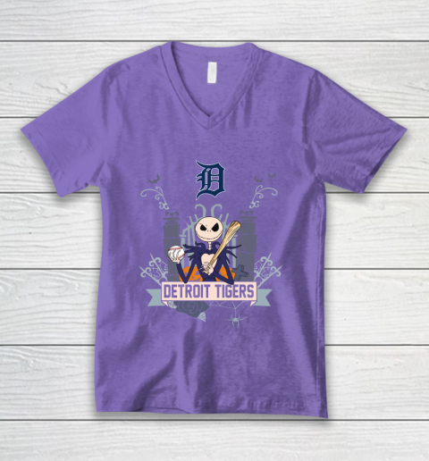 MLB Detroit Tigers Baseball Jack Skellington Halloween V-Neck T-Shirt 8