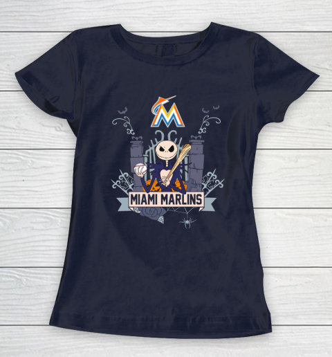 MLB Miami Marlins Baseball Jack Skellington Halloween Women's T-Shirt 2
