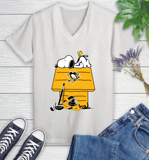 Pittsburgh Penguins NHL Hockey Snoopy Woodstock The Peanuts Movie Women's V-Neck T-Shirt