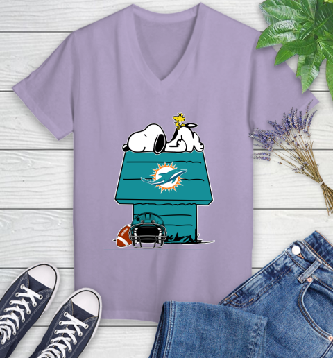 Miami Dolphins NFL Football Snoopy Woodstock The Peanuts Movie Women's V-Neck T-Shirt 14