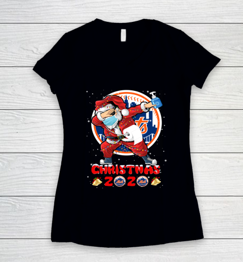 New York Mets Funny Santa Claus Dabbing Christmas 2020 MLB Women's V-Neck T-Shirt