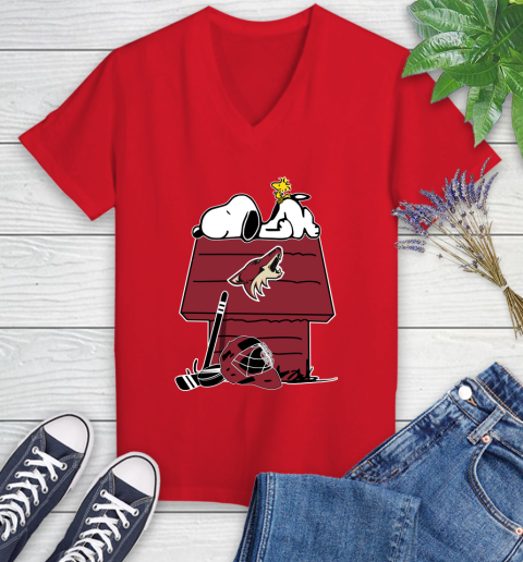 Arizona Coyotes NHL Hockey Snoopy Woodstock The Peanuts Movie Women's V-Neck T-Shirt 12