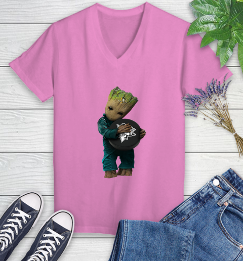 NHL Groot Guardians Of The Galaxy Hockey Sports Pittsburgh Penguins Women's V-Neck T-Shirt 14