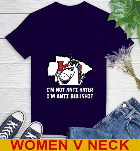 Kansas City Chiefs NFL Football Unicorn I'm Not Anti Hater I'm Anti Bullshit Women's V-Neck T-Shirt 4