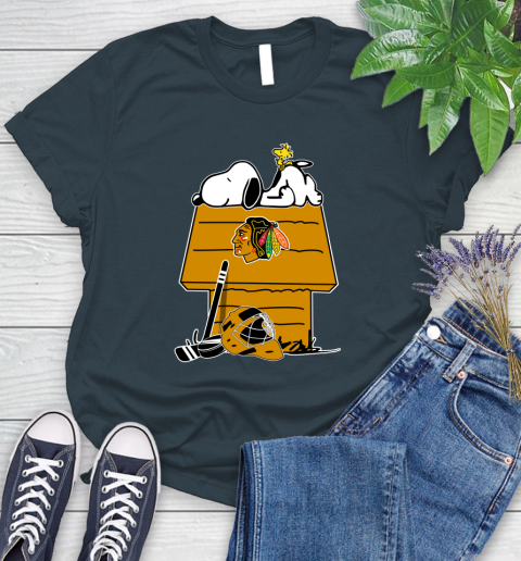 Chicago Blackhawks NHL Hockey Snoopy Woodstock The Peanuts Movie Women's T-Shirt 8