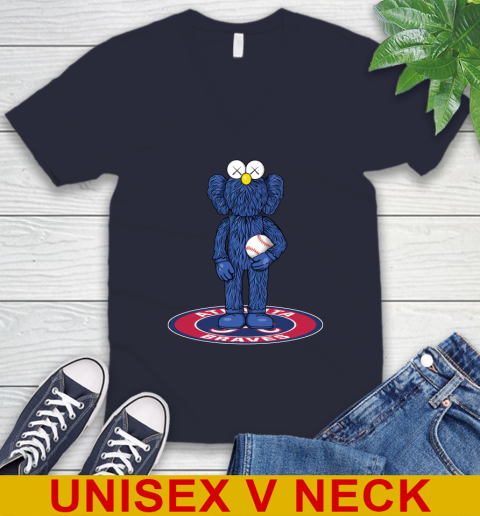 MLB Baseball Atlanta Braves Kaws Bff Blue Figure Shirt V-Neck T-Shirt - Image 4