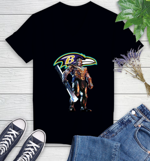 NFL Thanos Gauntlet Avengers Endgame Football Baltimore Ravens Women's V-Neck T-Shirt 2
