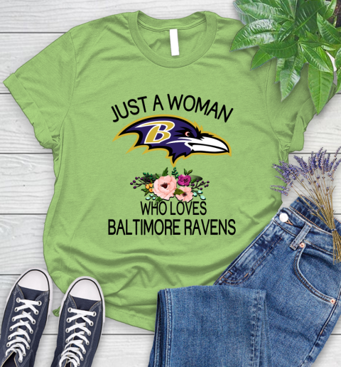 NFL Just A Woman Who Loves Baltimore Ravens Football Sports Women's T-Shirt 7
