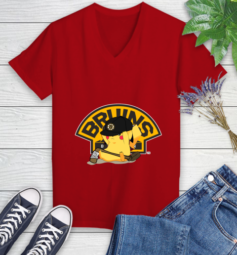 NHL Pikachu Hockey Sports Boston Bruins Women's V-Neck T-Shirt 12