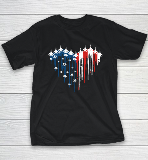 Retro Fighter Jet Airplane American Flag Heart 4th Of July Youth T-Shirt