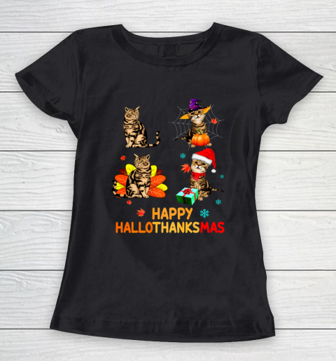 Cat Halloween Thanksgiving Christmas Happy Hallothanksmas Women's T-Shirt