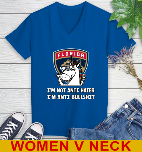 Florida Panthers NHL Hockey Unicorn I'm Not Anti Hater I'm Anti Bullshit Women's V-Neck T-Shirt 11