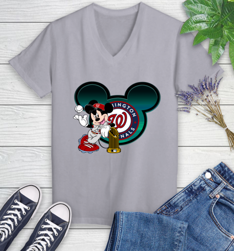 MLB Washington Nationals The Commissioner's Trophy Mickey Mouse Disney Women's V-Neck T-Shirt 4