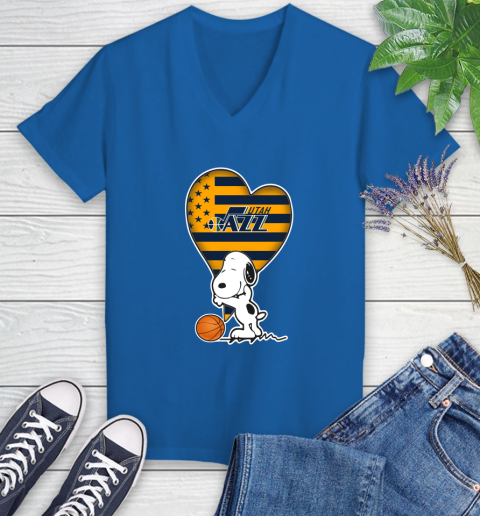 Utah Jazz NBA Basketball The Peanuts Movie Adorable Snoopy Women's V-Neck T-Shirt 10