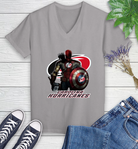NHL Captain America Thor Spider Man Hawkeye Avengers Endgame Hockey Carolina Hurricanes Women's V-Neck T-Shirt 4