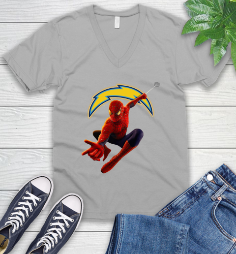 NFL Spider Man Avengers Endgame Football Los Angeles Chargers V-Neck T-Shirt 5 NFL Spider Man Avengers Endgame Football Los Angeles Chargers V-Neck T-Shirt - Image 5