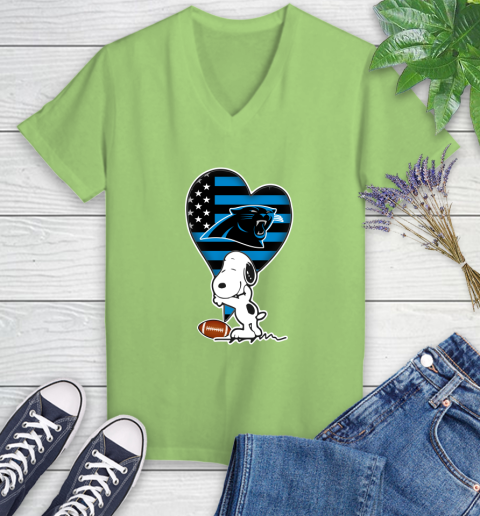 Carolina Panthers NFL Football The Peanuts Movie Adorable Snoopy Women's V-Neck T-Shirt 11