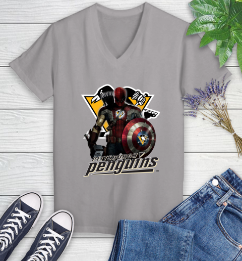 NHL Captain America Thor Spider Man Hawkeye Avengers Endgame Hockey Pittsburgh Penguins Women's V-Neck T-Shirt 4