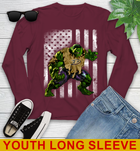 Anaheim Ducks Hulk Marvel Avengers NHL Hockey American Flag Youth Long Sleeve 6