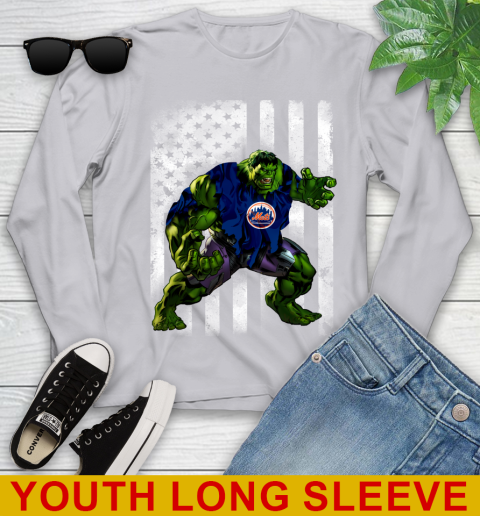 New York Mets Hulk Marvel Avengers MLB Baseball American Flag Youth Long Sleeve 5