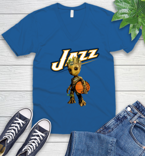Utah Jazz NBA Basketball Groot Marvel Guardians Of The Galaxy V-Neck T-Shirt 6