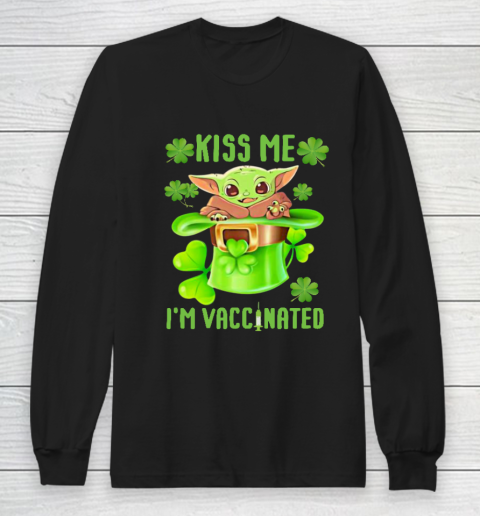 Kiss Me I'm Vaccinated Leprechaun Baby Yoda Patrick's Day Long Sleeve T-Shirt