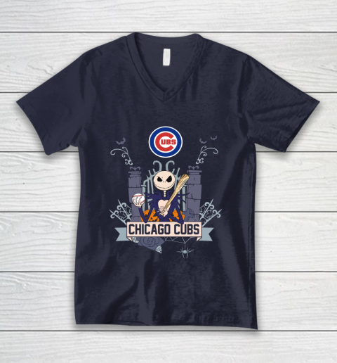 MLB Chicago Cubs Baseball Jack Skellington Halloween V-Neck T-Shirt 2