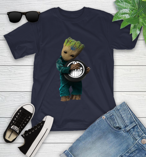 NHL Groot Guardians Of The Galaxy Hockey Sports Edmonton Oilers Youth T-Shirt 3
