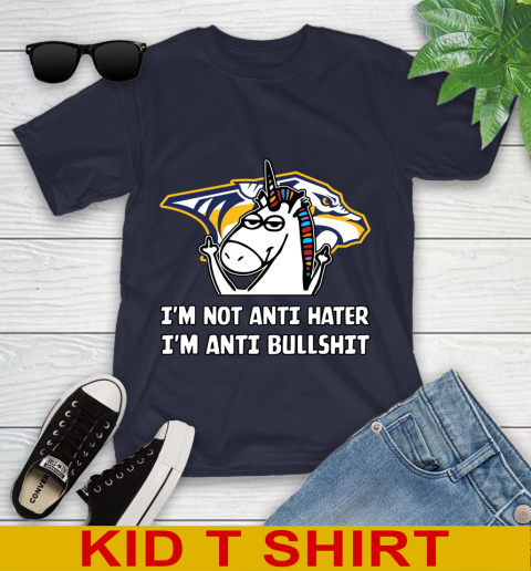 Nashville Predators NHL Hockey Unicorn I'm Not Anti Hater I'm Anti Bullshit Youth T-Shirt 3