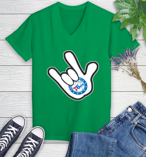 Philadelphia 76ers NBA Basketball Mickey Rock Hand Disney Women's V-Neck T-Shirt 5