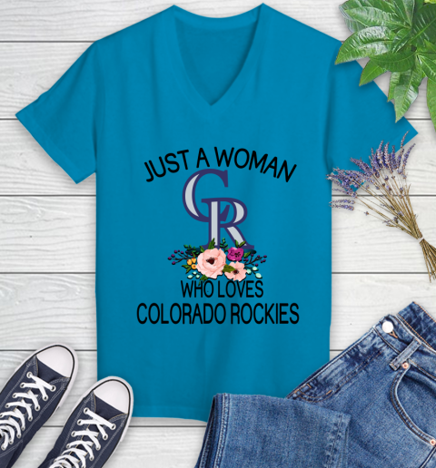 MLB Just A Woman Who Loves Colorado Rockies Baseball Sports Women's V-Neck T-Shirt 4