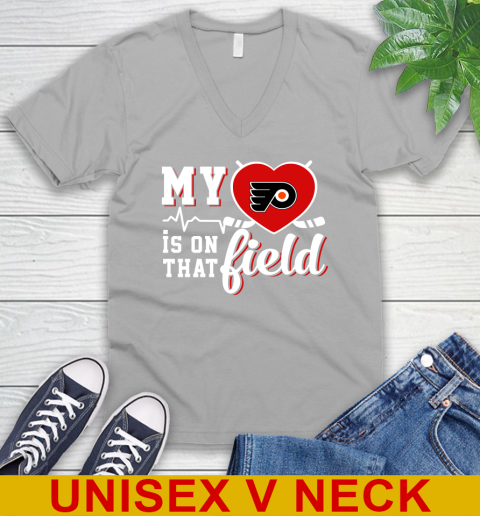 NHL My Heart Is On That Field Hockey Sports Philadelphia Flyers V-Neck T-Shirt 3