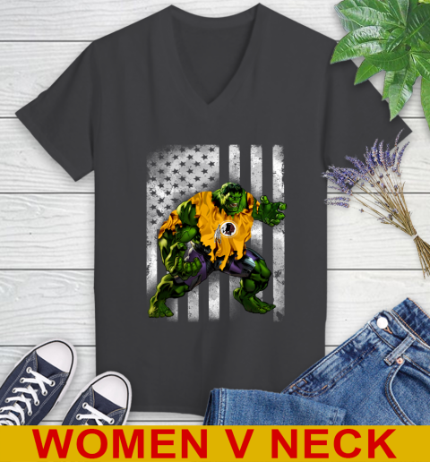 Washington Redskins Hulk Marvel Avengers NFL Football American Flag Women's V-Neck T-Shirt 8