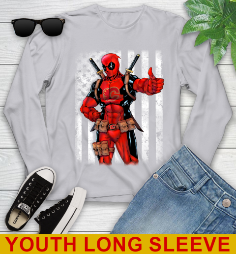 NHL Hockey Calgary Flames Deadpool American Flag Shirt Youth Long Sleeve 5