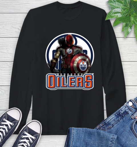 NHL Captain America Thor Spider Man Hawkeye Avengers Endgame Hockey Edmonton Oilers Long Sleeve T-Shirt 2