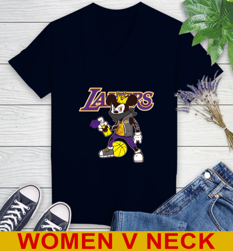 Los Angeles Lakers NBA Basketball Mickey Peace Sign Sports Women's V-Neck T-Shirt 3