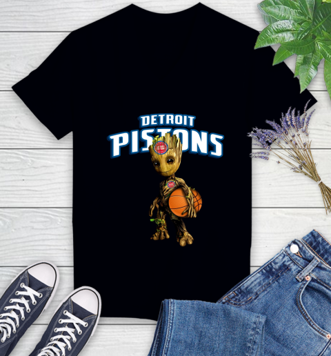 Detroit Pistons NBA Basketball Groot Marvel Guardians Of The Galaxy Women's V-Neck T-Shirt 2