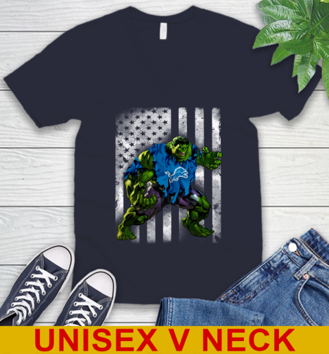 Detroit Lions Hulk Marvel Avengers NFL Football American Flag V-Neck T-Shirt 2
