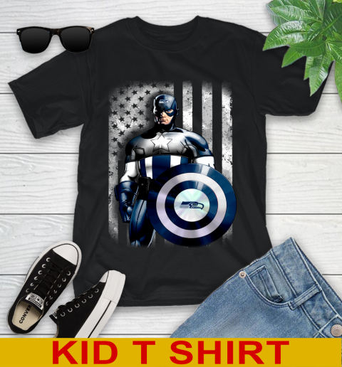 Seattle Seahawks NFL Football Captain America Marvel Avengers American Flag Shirt Youth T-Shirt