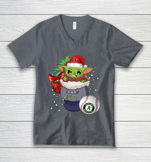 Oakland Athletics Christmas Baby Yoda Star Wars Funny Happy MLB V-Neck T-Shirt 5