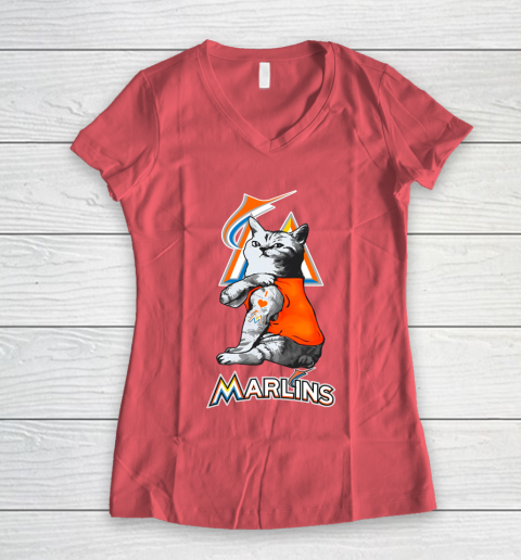 MLB Baseball My Cat Loves Miami Marlins Women's V-Neck T-Shirt 4