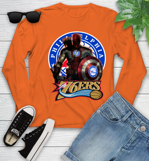 Philadelphia 76ers NBA Basketball Captain America Thor Spider Man Hawkeye Avengers (1) Youth Long Sleeve 4