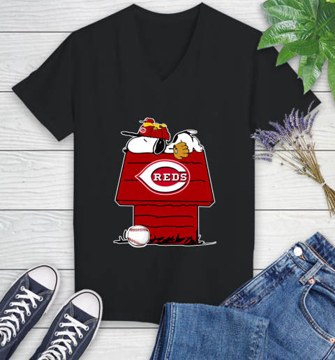 MLB Cincinnati Reds Snoopy Woodstock The Peanuts Movie Baseball T Shirt Women's V-Neck T-Shirt 2
