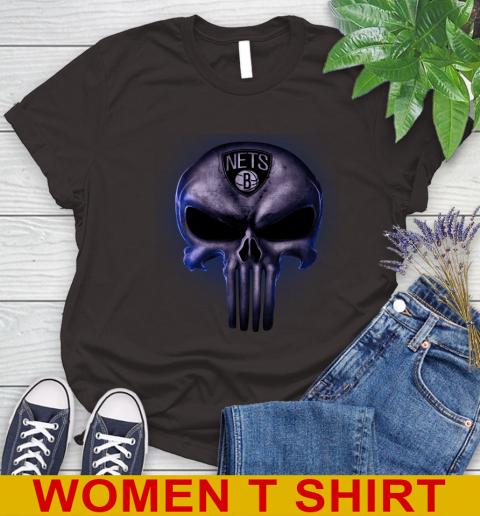 Brooklyn Nets NBA Basketball Punisher Skull Sports Women's T-Shirt 9