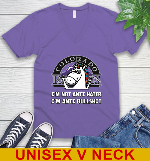 Colorado Rockies MLB Baseball Unicorn I'm Not Anti Hater I'm Anti Bullshit V-Neck T-Shirt - Image 10