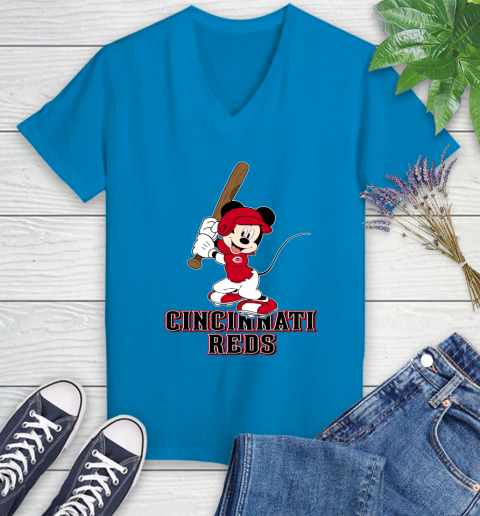 MLB Baseball Cincinnati Reds Cheerful Mickey Mouse Shirt Women's V-Neck T-Shirt 6