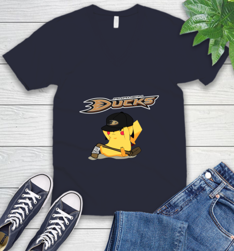 NHL Pikachu Hockey Sports Anaheim Ducks V-Neck T-Shirt 3