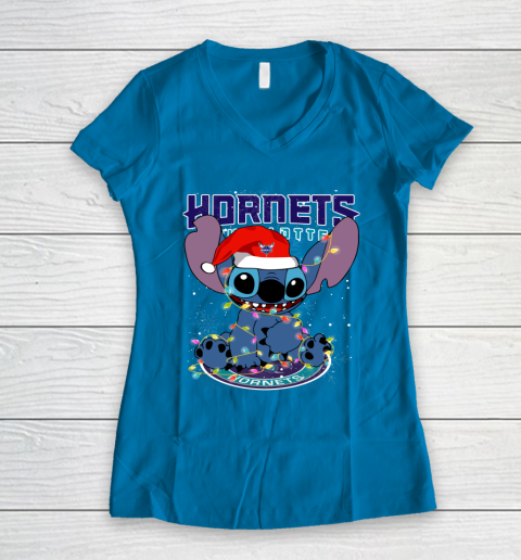 Charlotte Hornets NBA noel stitch Basketball Christmas Women's V-Neck T-Shirt 4