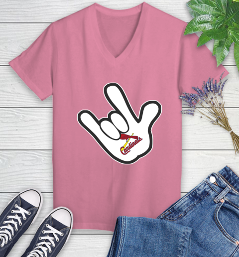 St.Louis Cardinals MLB Baseball Mickey Rock Hand Disney Women's V-Neck T-Shirt 13